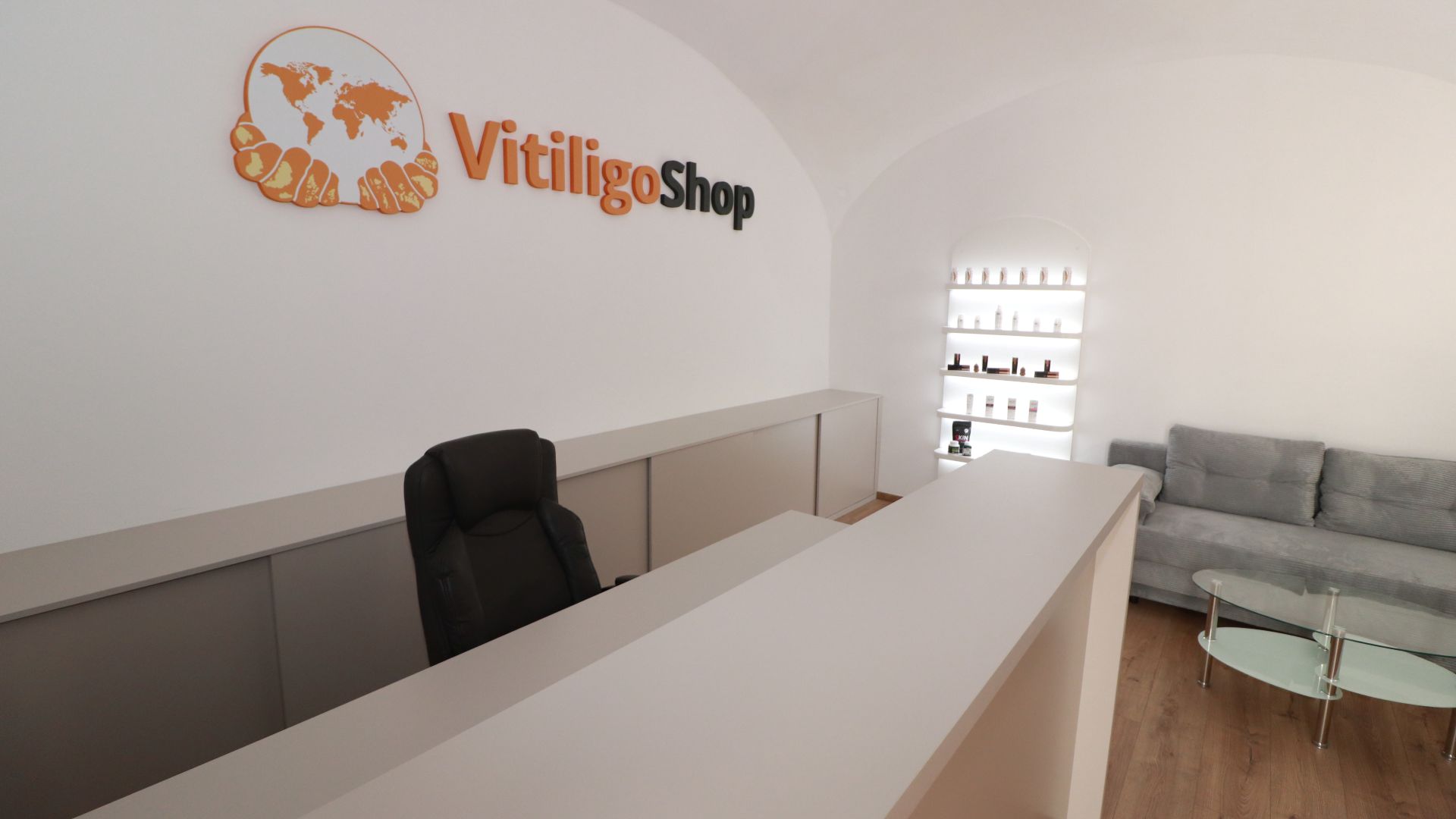 VitiligoShop office with reception desk and product display